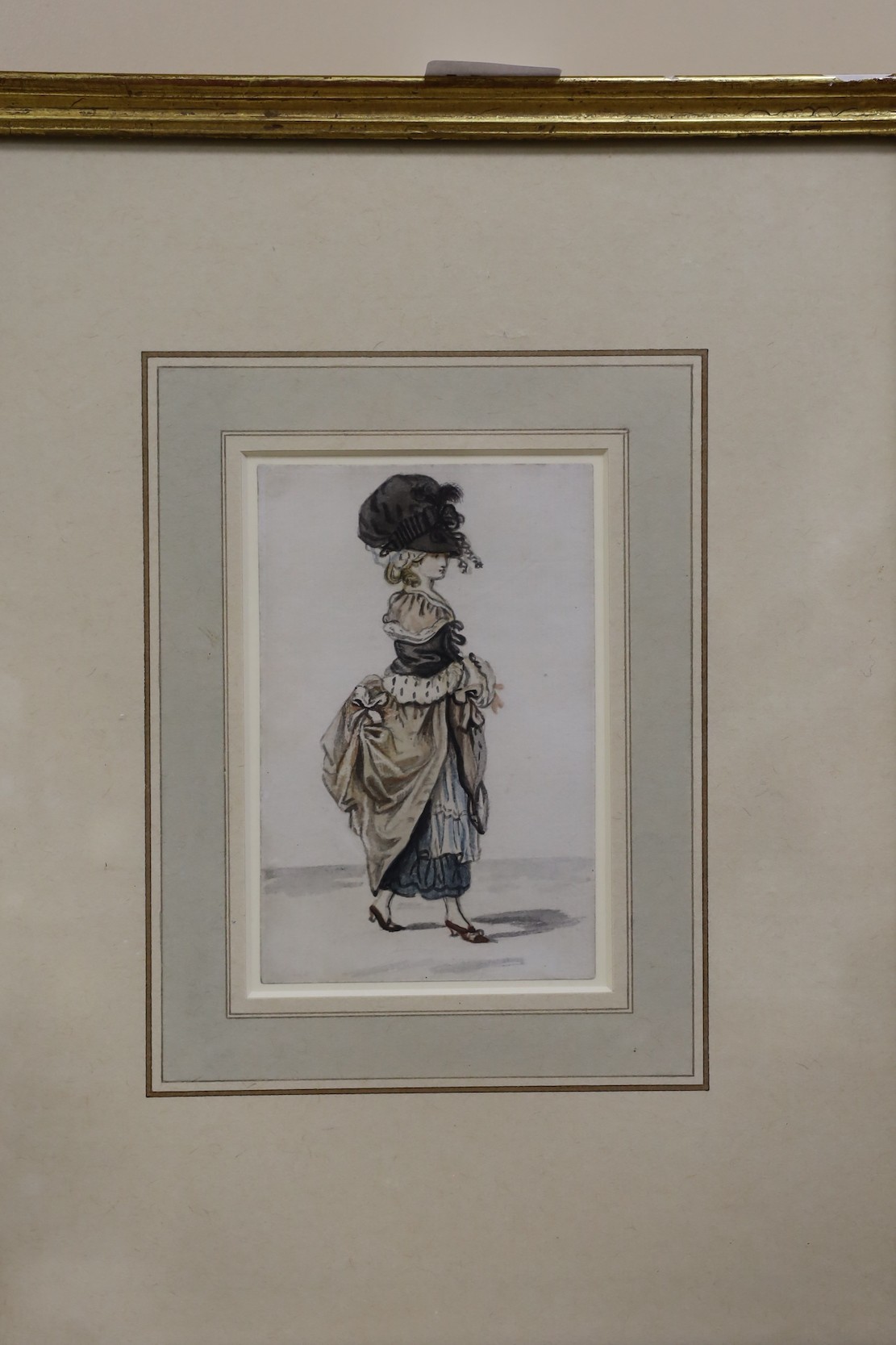 John Collet (1725-1780), two watercolours, Studies of 18th century ladies in elaborate outfits, 12 x 8cm